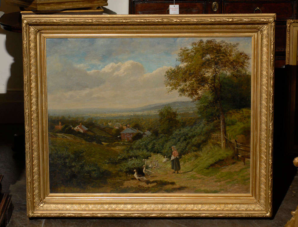 Landscape of an English countryside with a girl walking with ducks in an antique gilt frame.