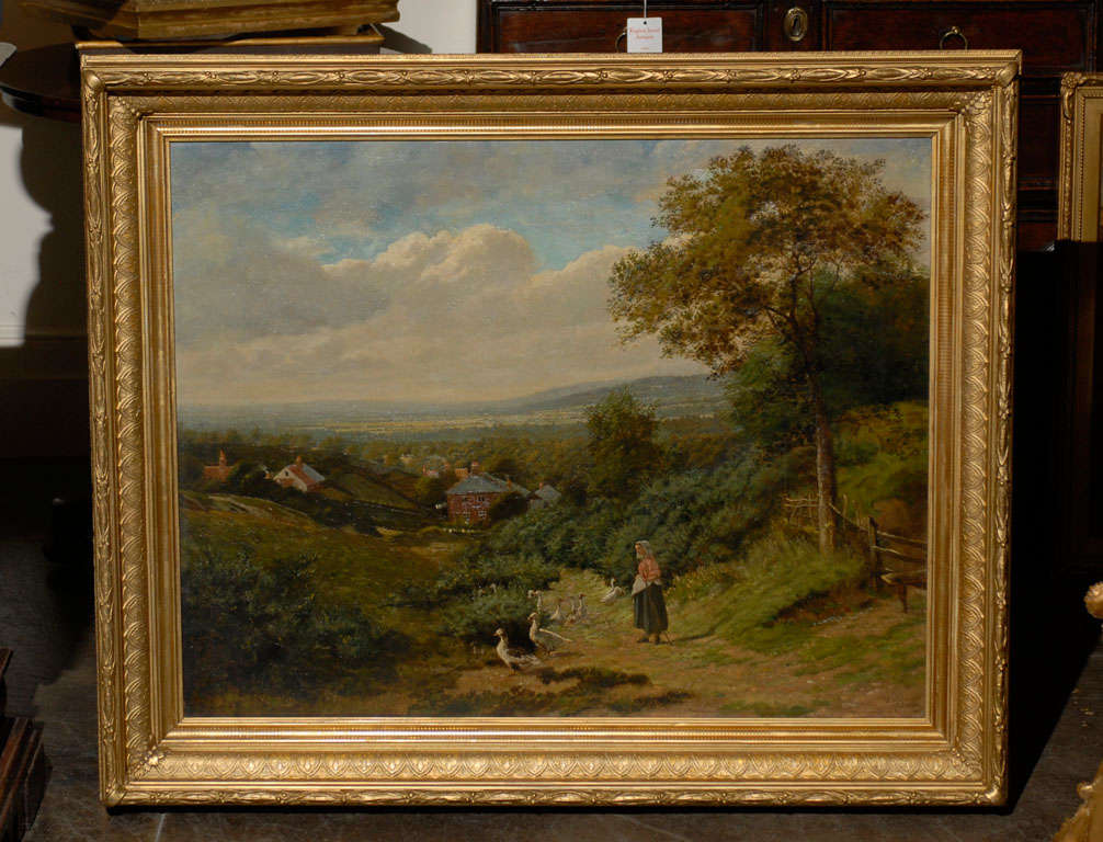 English Landscape of Girl with Ducks in Antique Gilt Frame