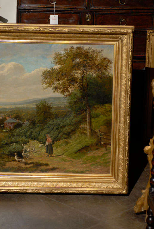 English Landscape of Girl with Ducks in Antique Gilt Frame In Excellent Condition In Atlanta, GA