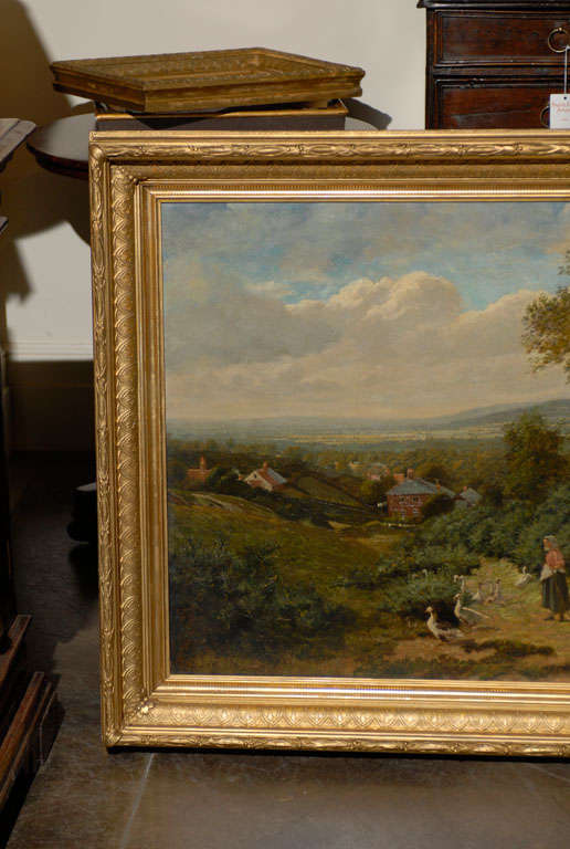 19th Century English Landscape of Girl with Ducks in Antique Gilt Frame