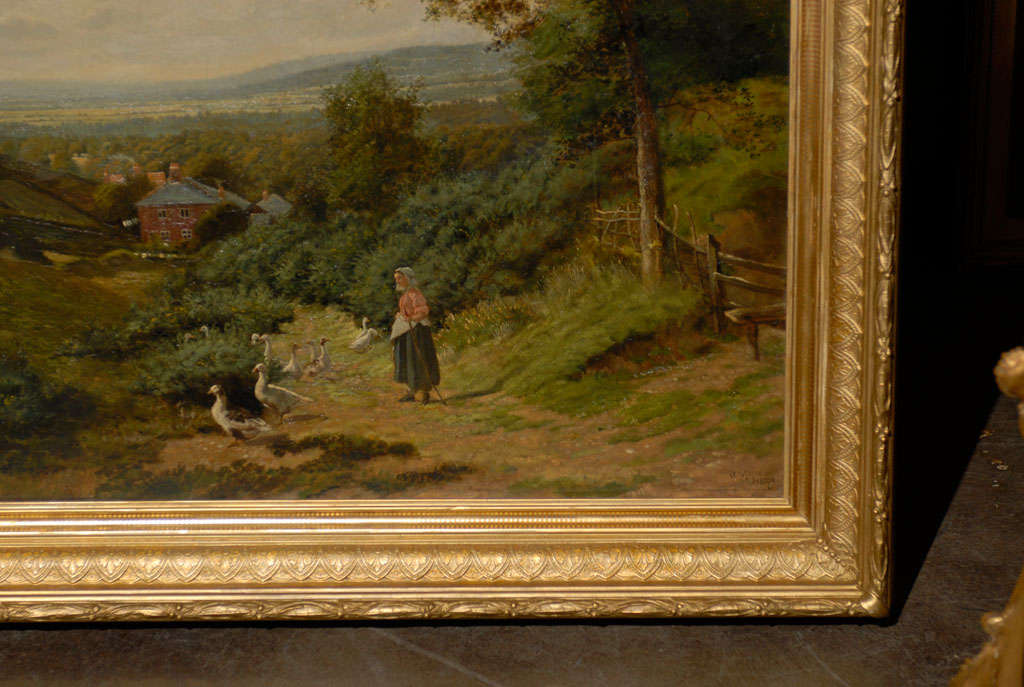 Canvas English Landscape of Girl with Ducks in Antique Gilt Frame