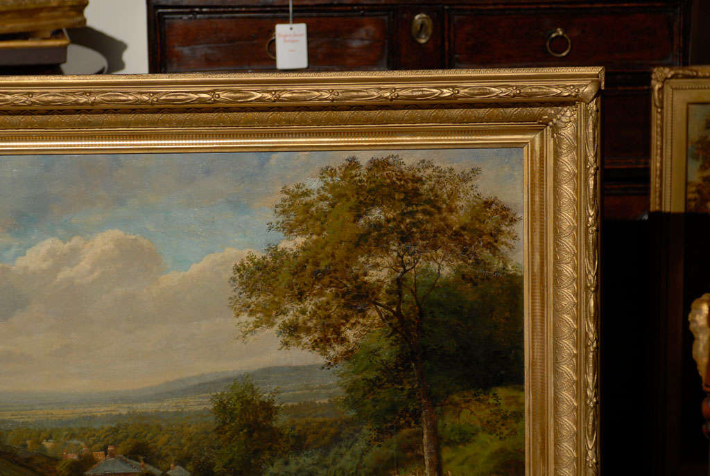 English Landscape of Girl with Ducks in Antique Gilt Frame 1