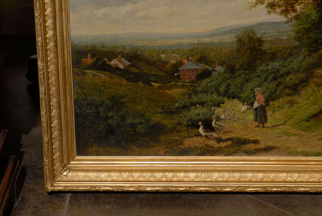English Landscape of Girl with Ducks in Antique Gilt Frame 3