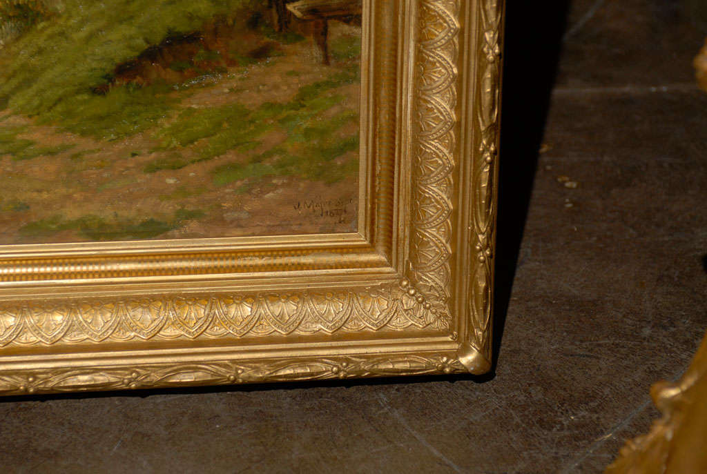 English Landscape of Girl with Ducks in Antique Gilt Frame 5