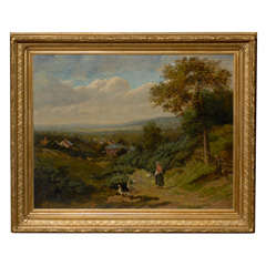 English Landscape of Girl with Ducks in Antique Gilt Frame