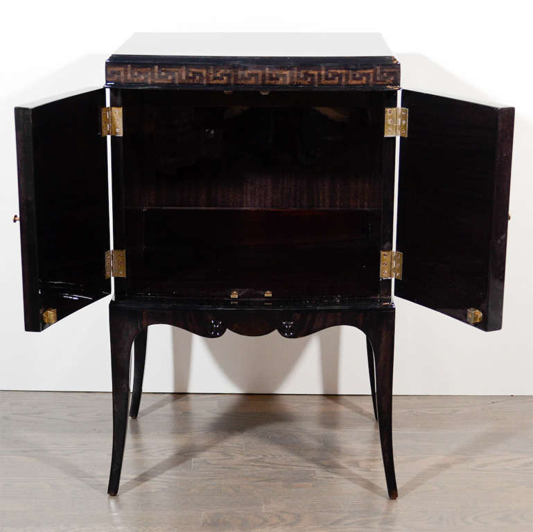 Glamorous Hollywood Greek Key Inlay Design Side Tables/Night Stands in Ebonized Walnut, Fluted Doors & Cabriole Legs