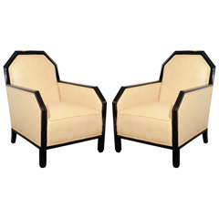 Vintage Art Deco Salon Chairs in Black Lacquer with Shagreen Upholstery