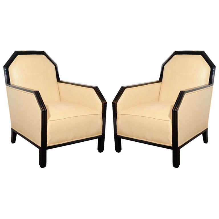 Art Deco Salon Chairs in Black Lacquer with Shagreen Upholstery