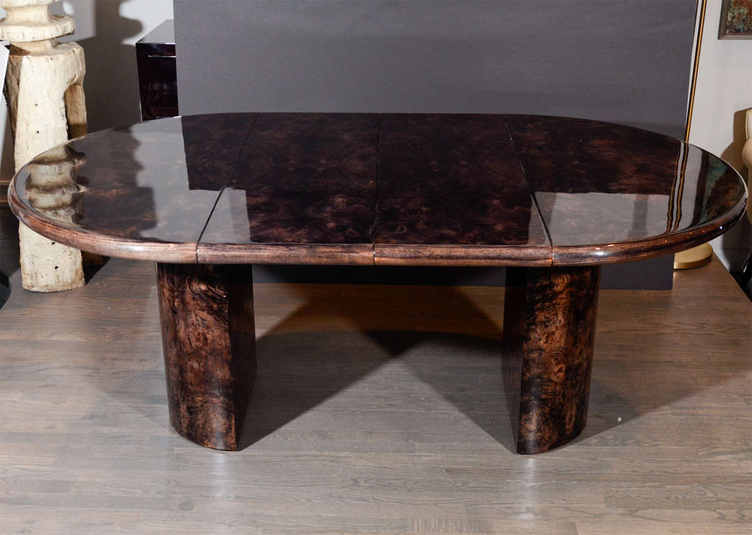 Modernist Ebonized Burled Walnut Dining Table with Pedestal Base