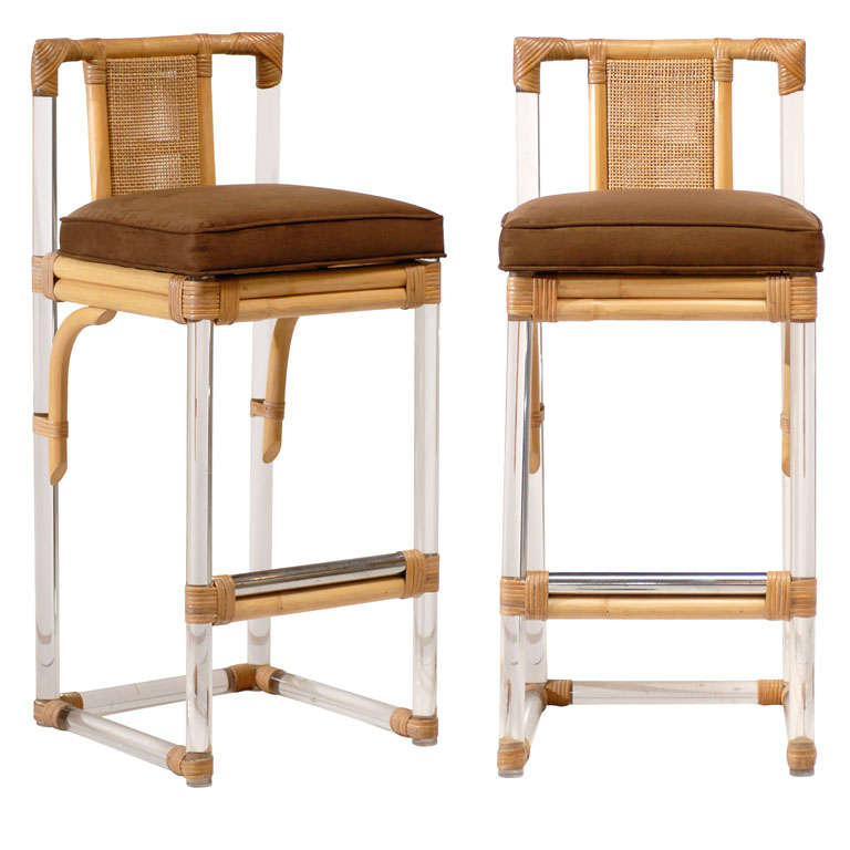 Pair of Rattan and Lucite Bar Stools at 1stDibs