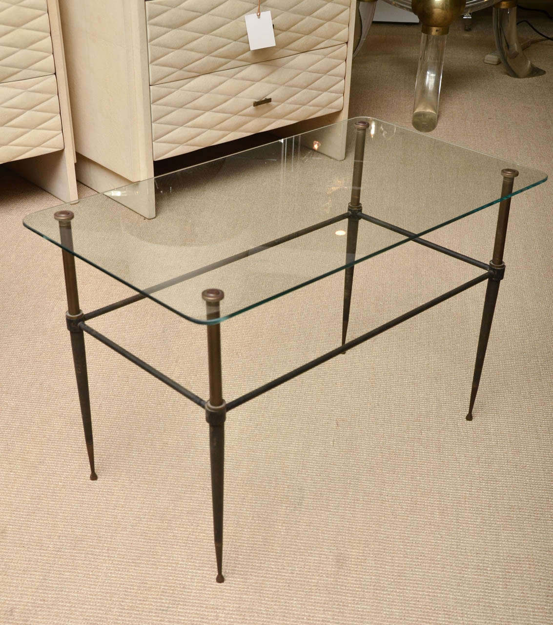 Attractive Italian iron, brass and glass 2-tier coffee/occasional table with tapered legs