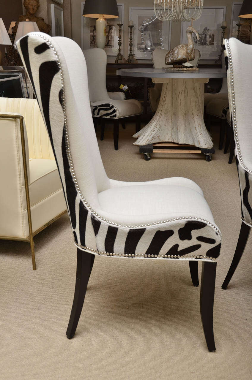 Set of Eight Zebra Stenciled Cowhide Dining Chairs In Excellent Condition For Sale In Water Mill, NY