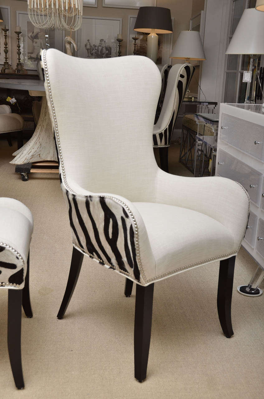 Contemporary Set of Eight Zebra Stenciled Cowhide Dining Chairs For Sale