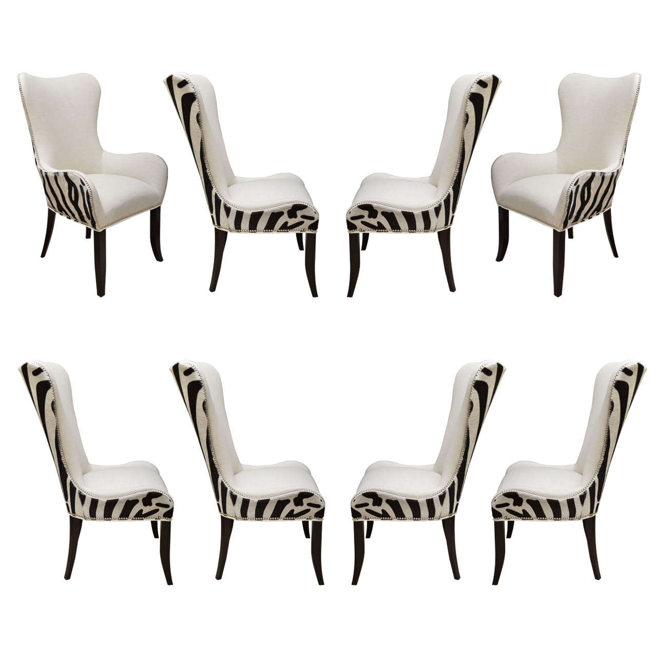 Set of Eight Zebra Stenciled Cowhide Dining Chairs For Sale