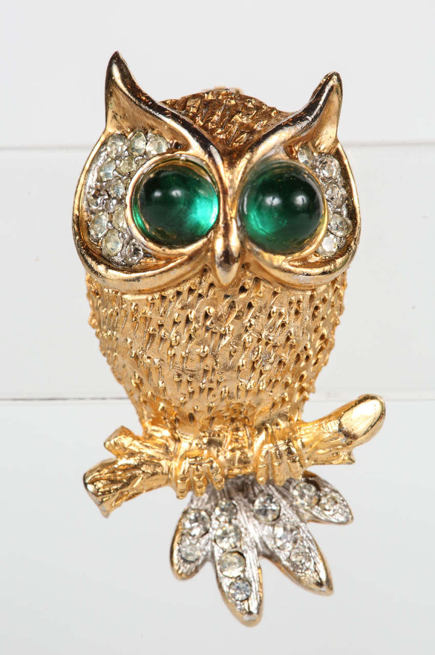 Kenneth J Lane Rhinestone and Enamel Owl Pins