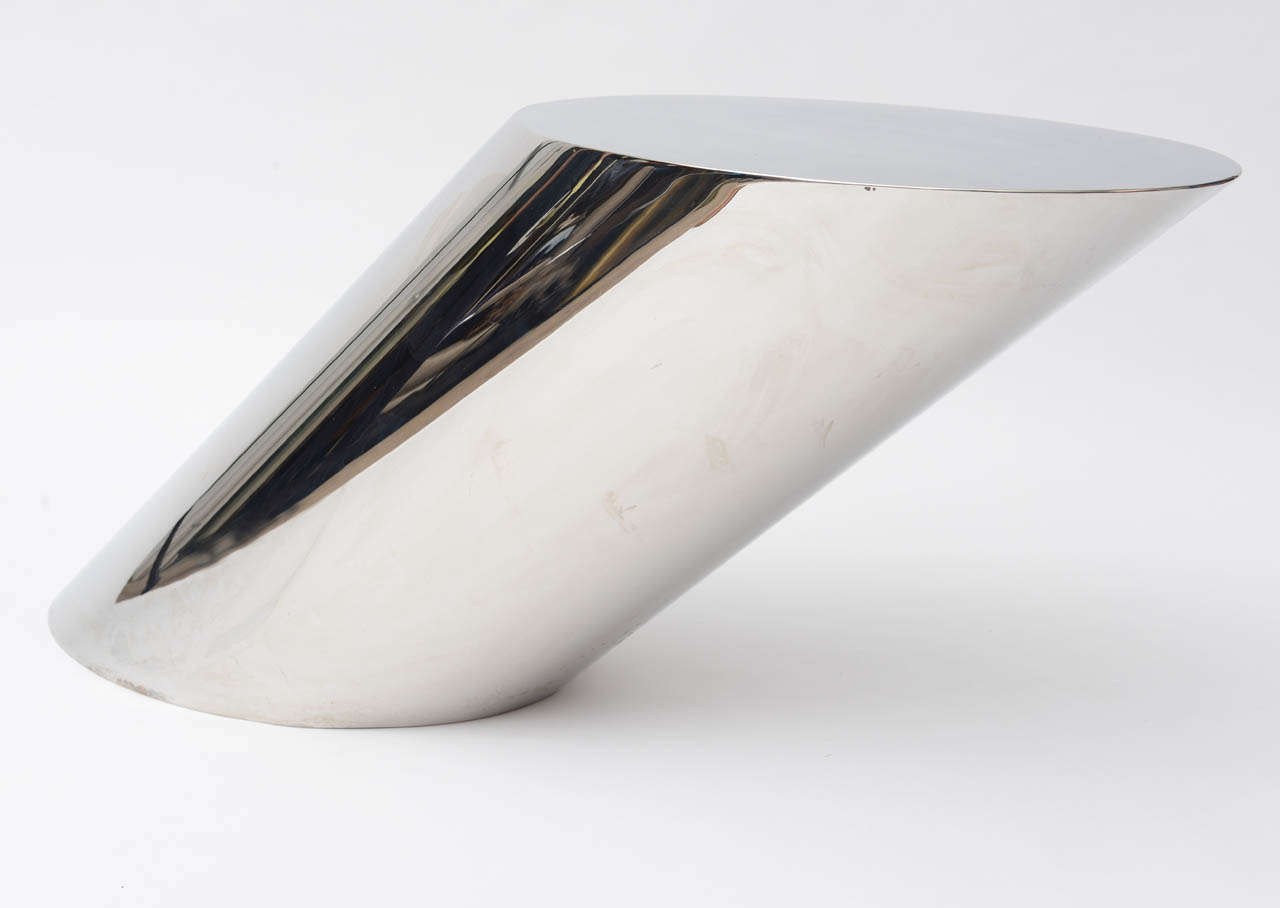 This is the largest example of the zephyr side table in the polished stainless finish.
