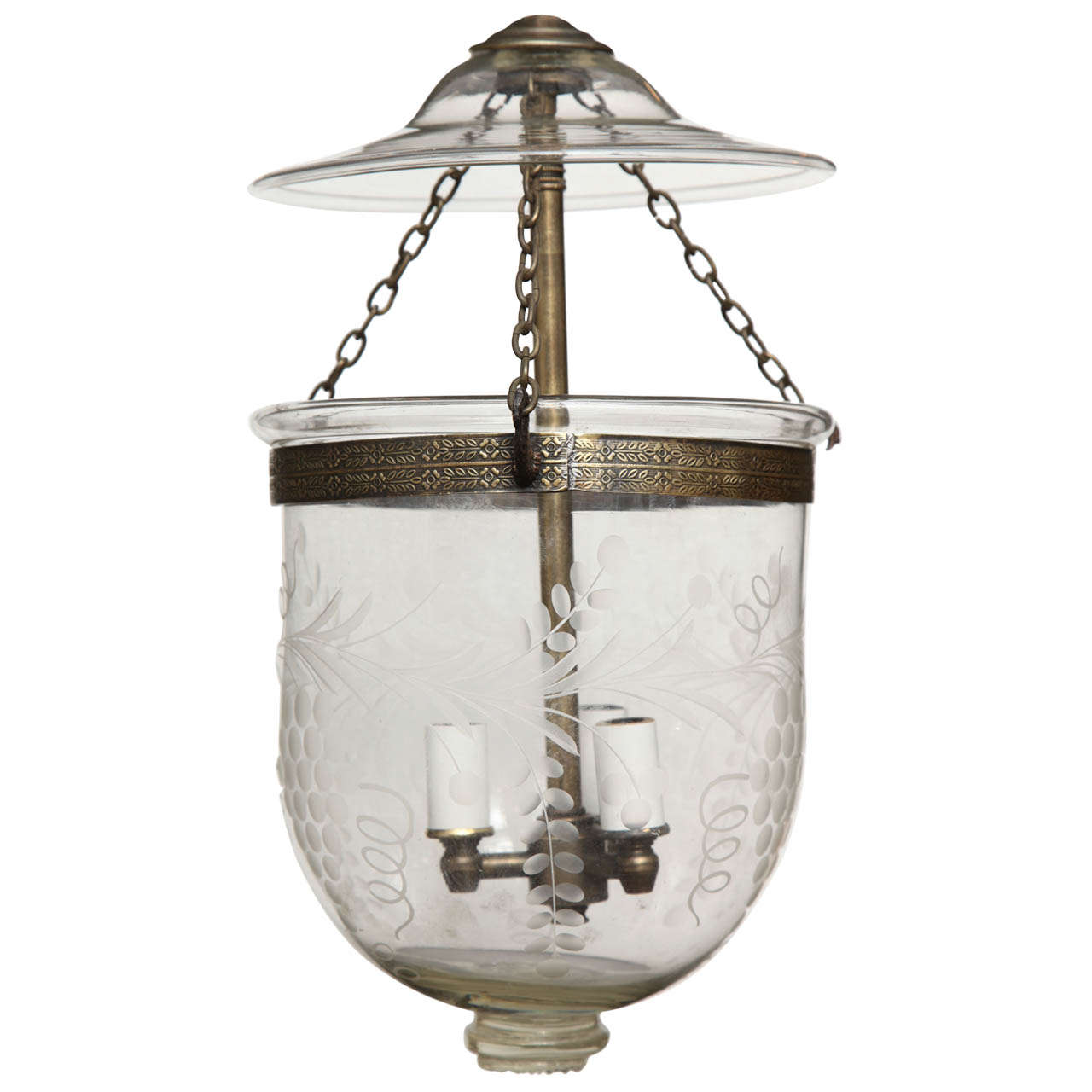 Antique glass bell jar with etchings For Sale
