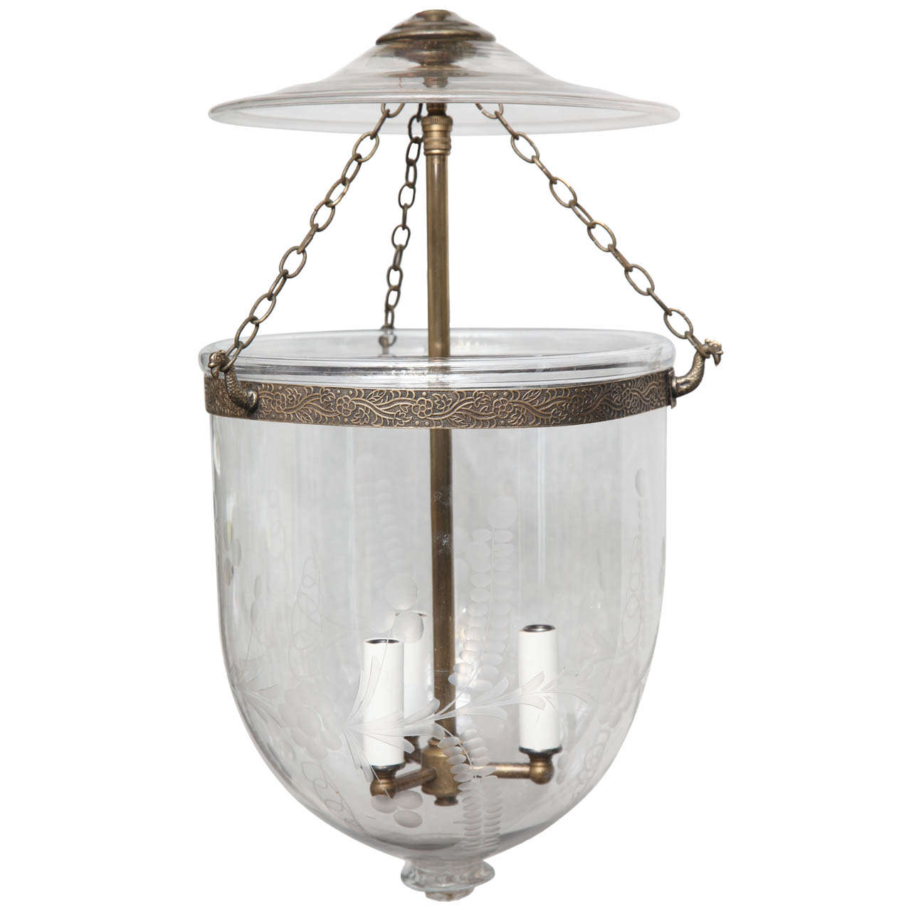Antique glass bell jar with etchings For Sale