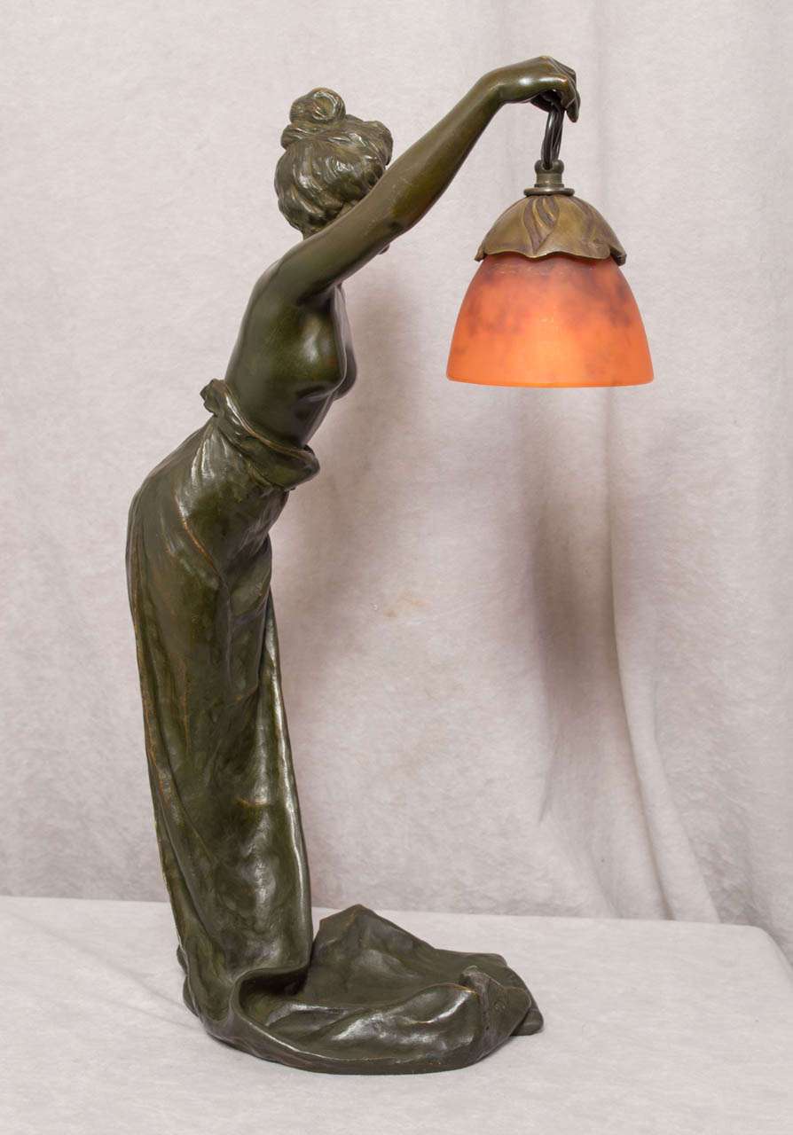 Art Nouveau Bronze Lamp Signed 