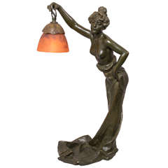 Art Nouveau Bronze Lamp Signed "Villanis" with Original Daum Nancy Shade