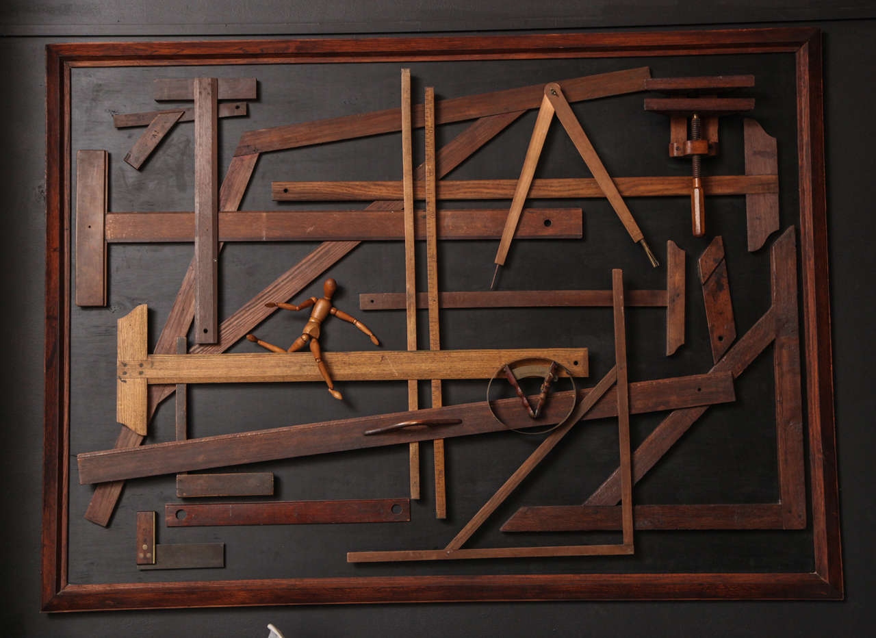 Danish carpenter's tool assemblage on Masonite in a solid oak frame circa 1970