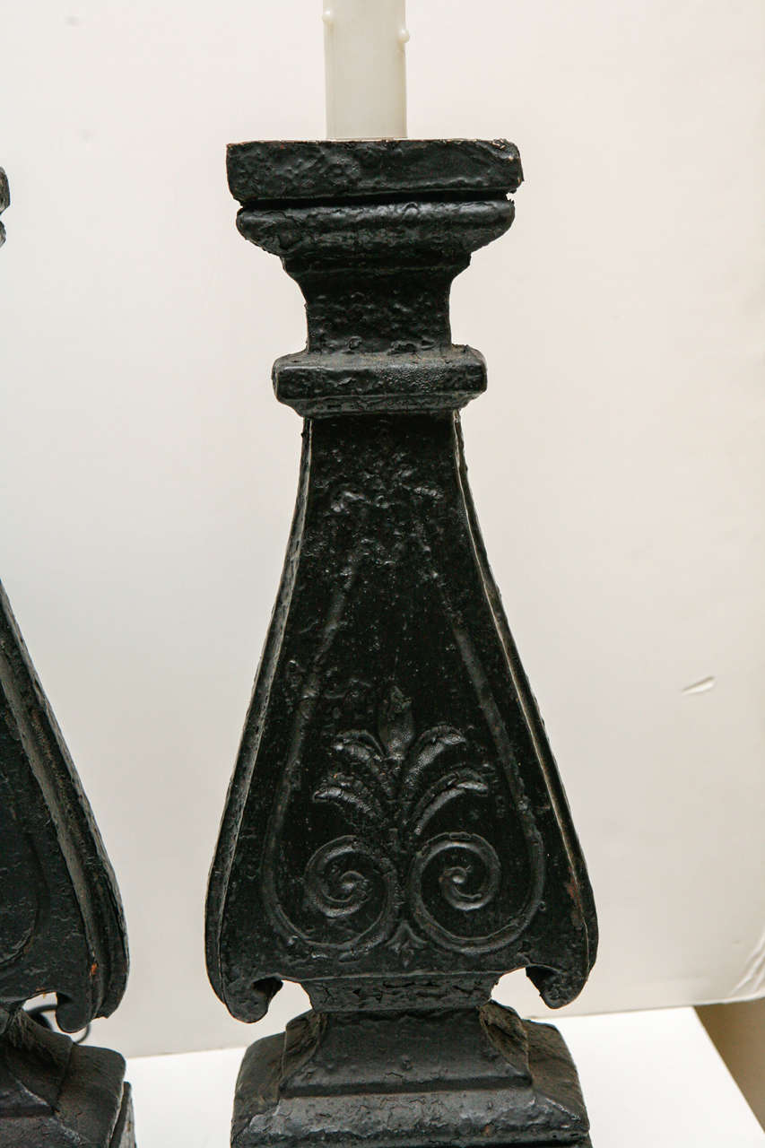 Blackened Pair of Architectural Element Lamps For Sale