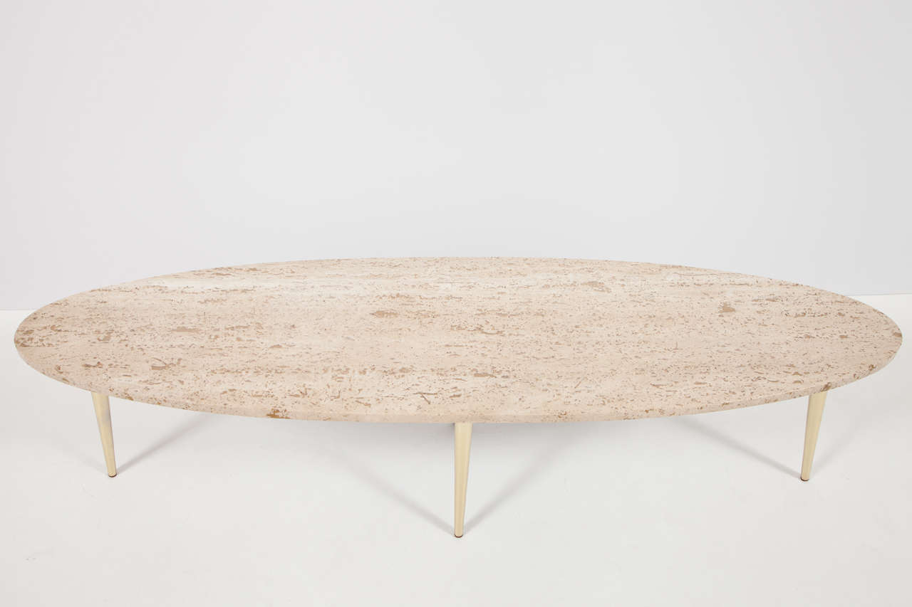 Italian Travertine Surfboard Cocktail Table with Brass Legs 1