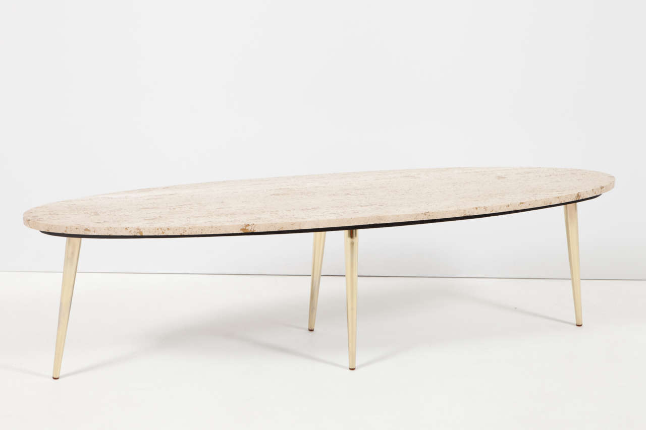 Italian Travertine Surfboard Cocktail Table with Brass Legs 3