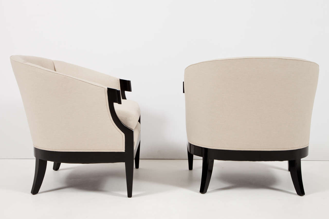 Linen Black Lacquer Barrel Chairs by Baker