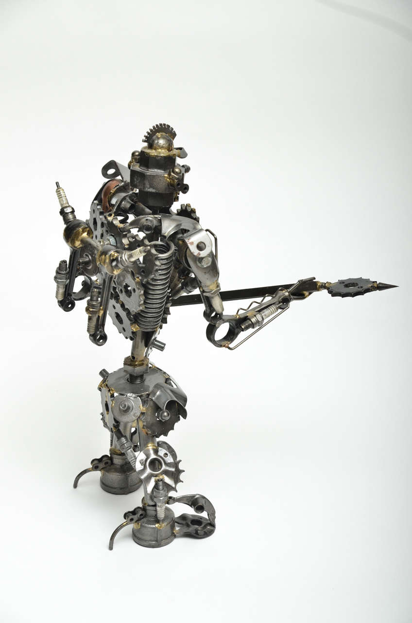 20th Century Unusual Articulated Robot Warrior Sculpture Composed of Misc. Scrap Parts