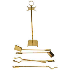 Five-Piece Brass Fireplace Tool Set with Ring Handle Detail
