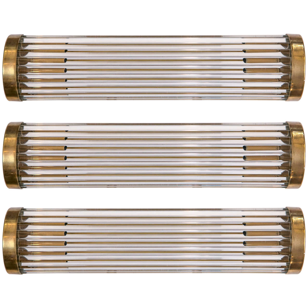1 Classic wall light with straight arms in solid unlacquered brass and blown glass rods
for use as wall lights or even picture lights, newly made from a vintage model
Lamping: wired with US UL approved wiring and 2 quality brass sockets with