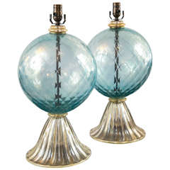 Pair of Vintage Murano Aquamarine Gold Blown Lamps