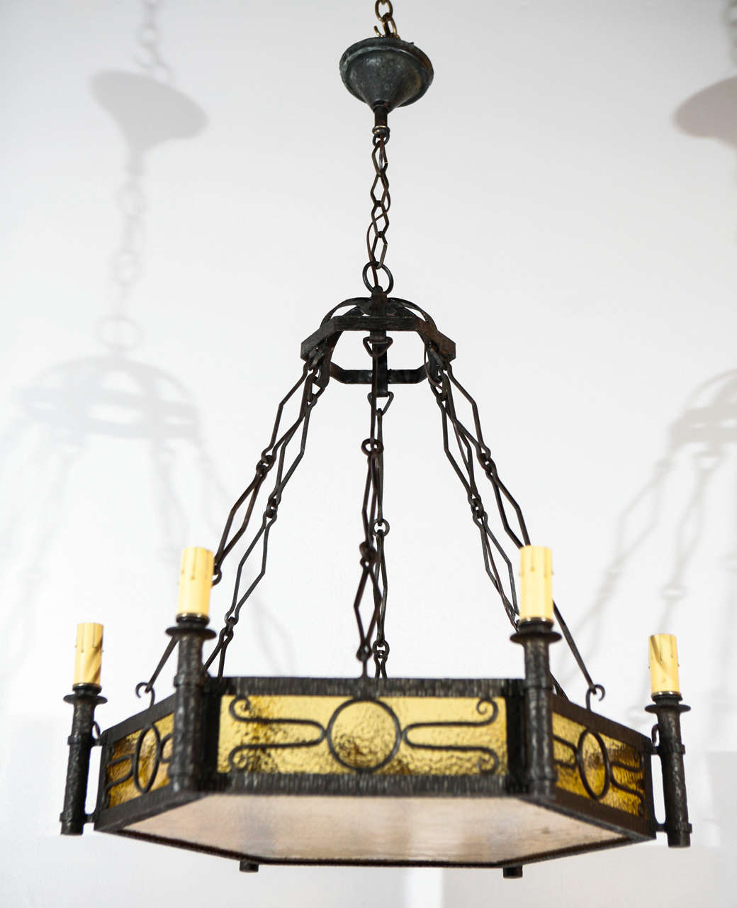 Cast iron French chandelier newly rewired with six standard sockets, each of which can take a 75 watt bulb. New glass, glass can be sandblasted. Two available.