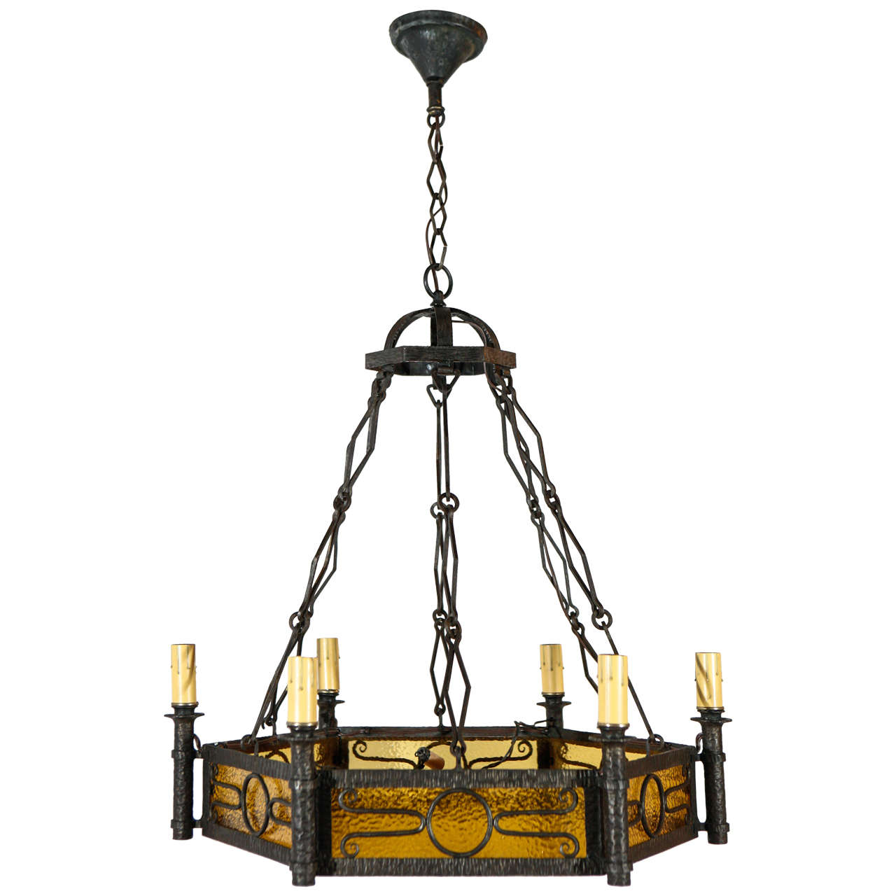 Cast Iron French and Amber Glass Chandelier For Sale