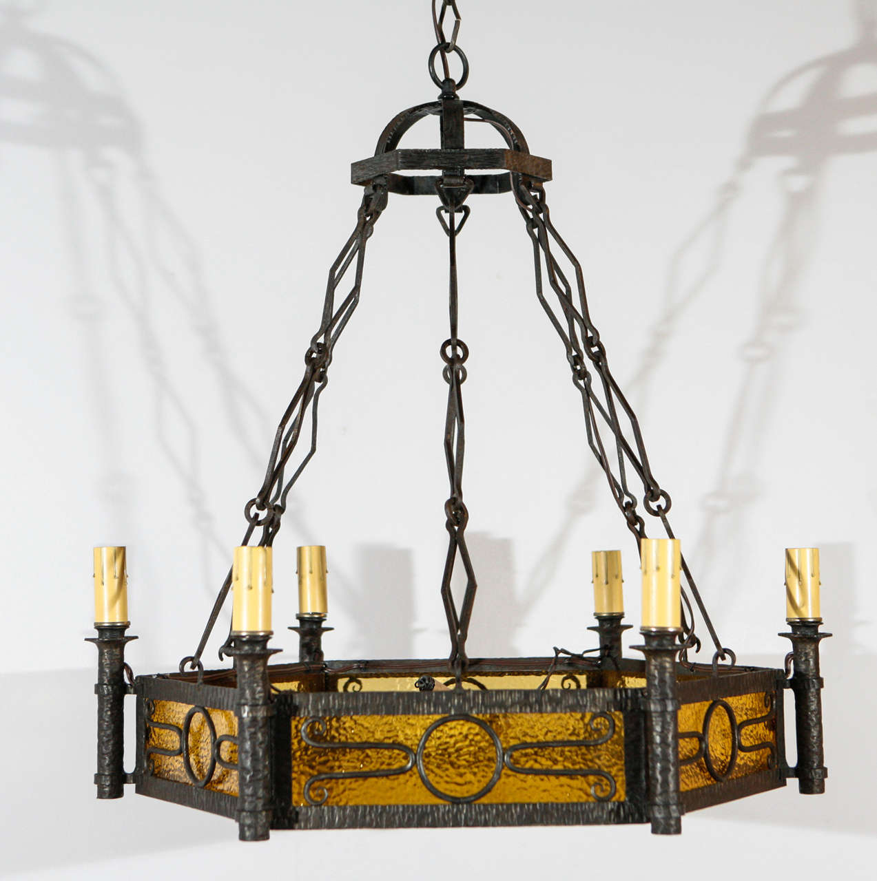 Cast Iron French and Amber Glass Chandelier In Good Condition For Sale In Los Angeles, CA