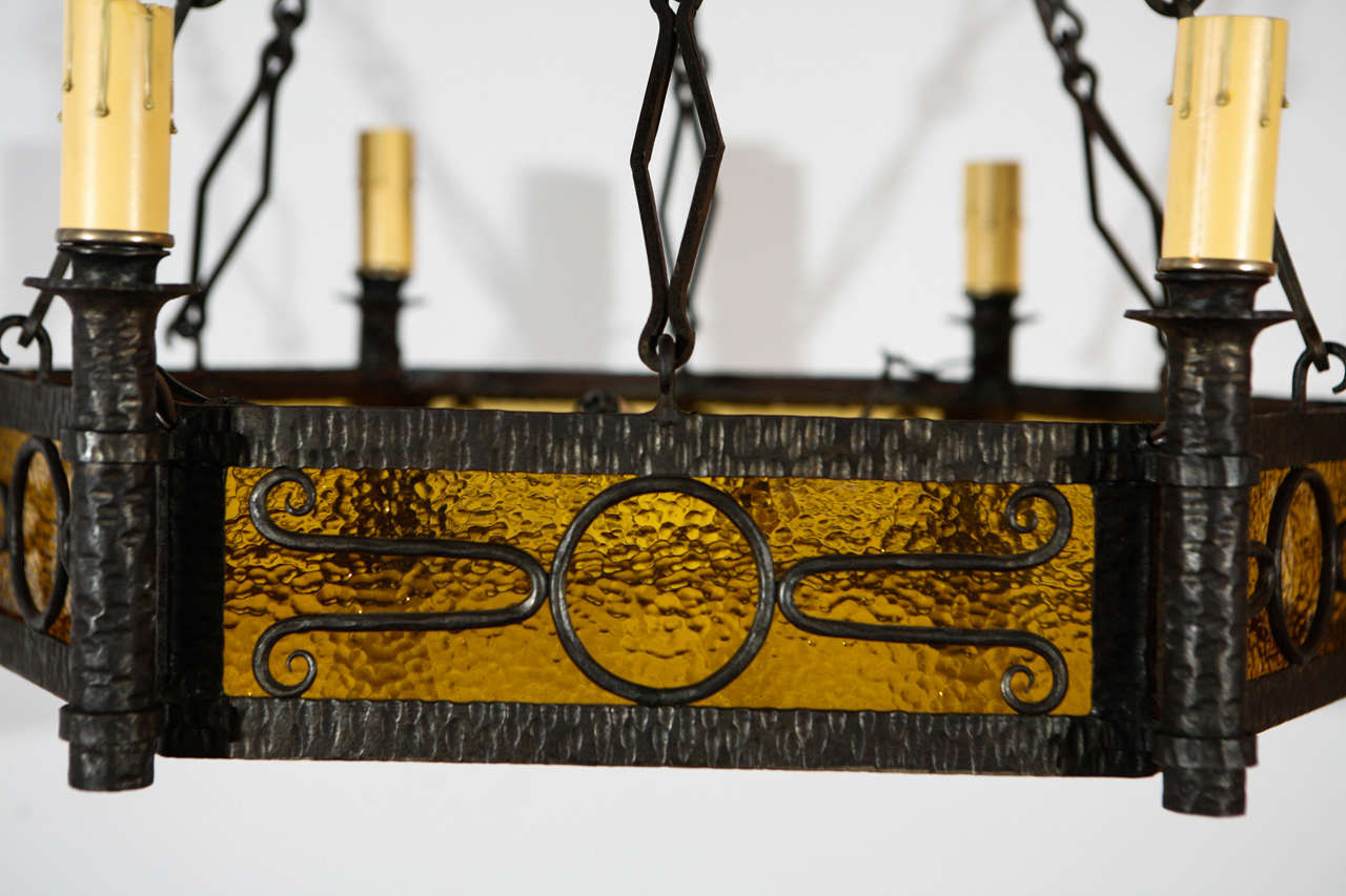 Cast Iron French and Amber Glass Chandelier For Sale 3