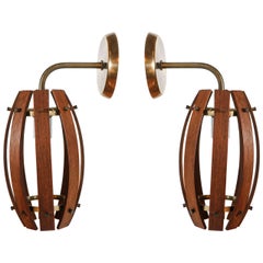 Pair of Mid-Century Walnut and Brass Sconces