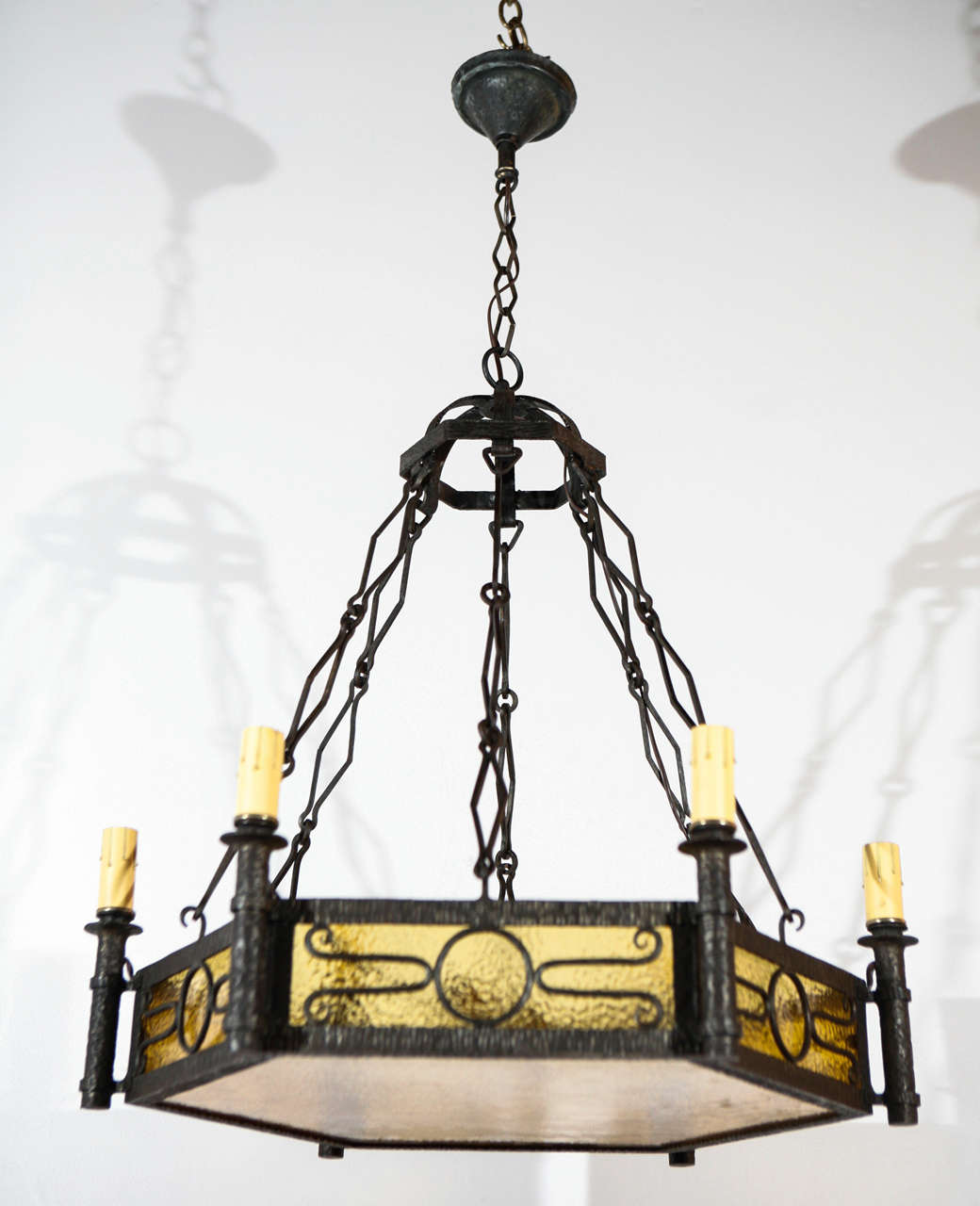 Cast Iron French and Amber Glass Chandelier For Sale at 1stDibs