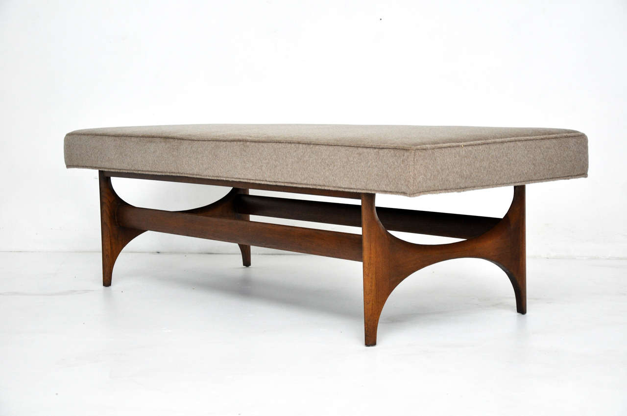 Mid-Century walnut frame bench. Refinished and reupholstered.