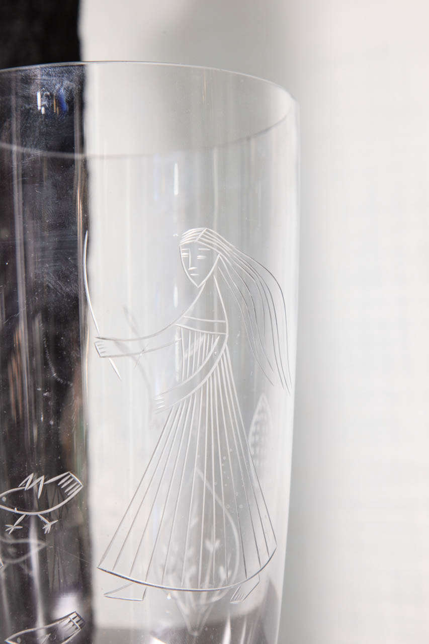 Mid-20th Century Etched Glass Vase by Hilkka-Liisa Ahola for Notsjo
