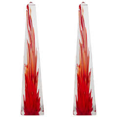 Spectacular Pair of Murano Obelisks with "Flames" by Fulvio Bianconi for Venini