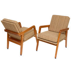 Pair 1950's Franco Albini Style Oak Lounge Chairs