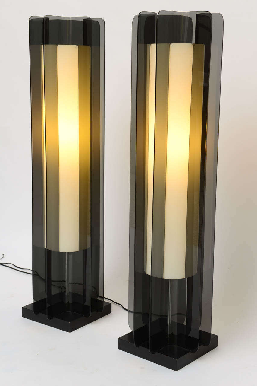 Mid-Century Modern Exceptional Smoked Lucite Tower Table Lamps Modeline