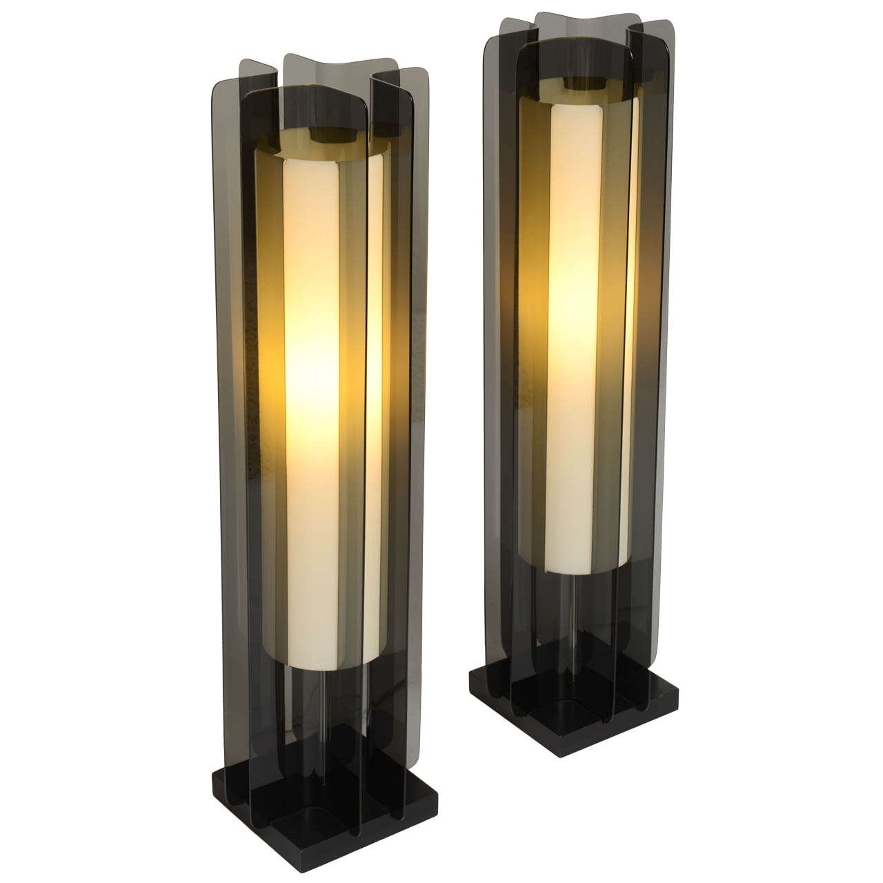 Exceptional Smoked Lucite Tower Table Lamps Modeline