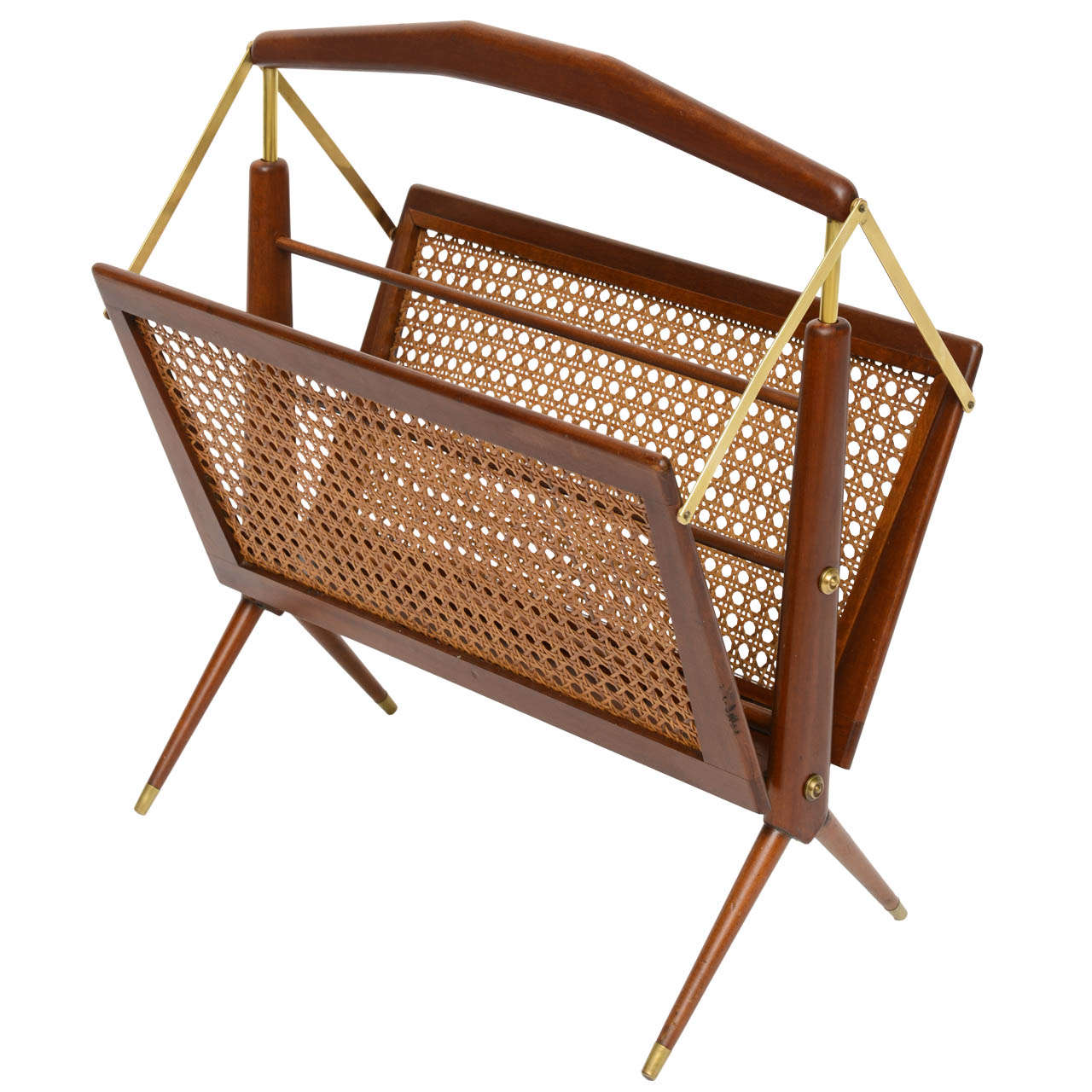 1950s Ico Parisi Attrib.Magazine Rack Walnut Cane and Brass at 1stDibs