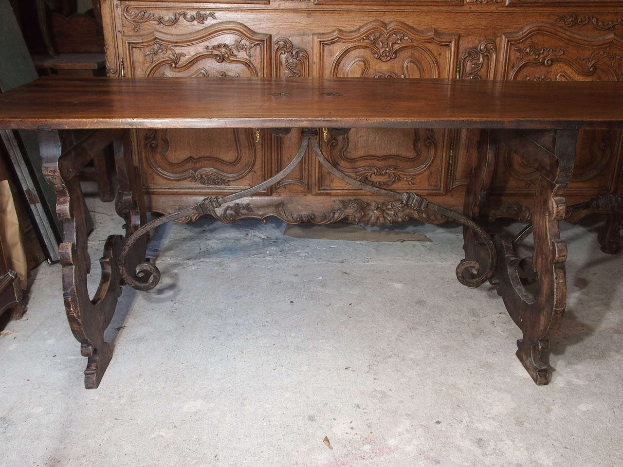 Wood 19th Century Italian Fruitwood Table with Iron Stretchers For Sale