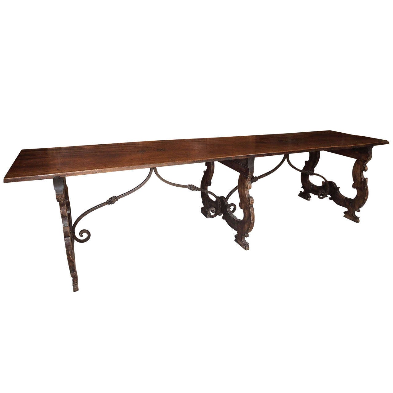 19th Century Italian Fruitwood Table with Iron Stretchers For Sale