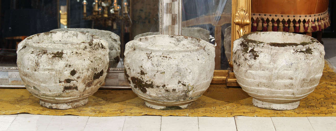 group  of 6 white washed mossy urns.   sold as group of 6 for 3200.00     or 1200.00 per pair.