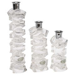 Set of 3 Isolite Sculptural Lucite" Rock Crystal" and Silver Candlesticks